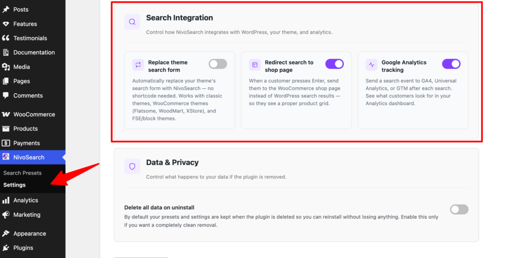 Open Search Integration Settings