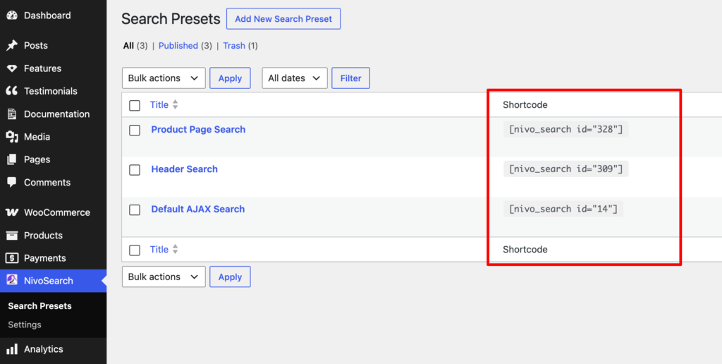 NivoSearch, Search Presets list